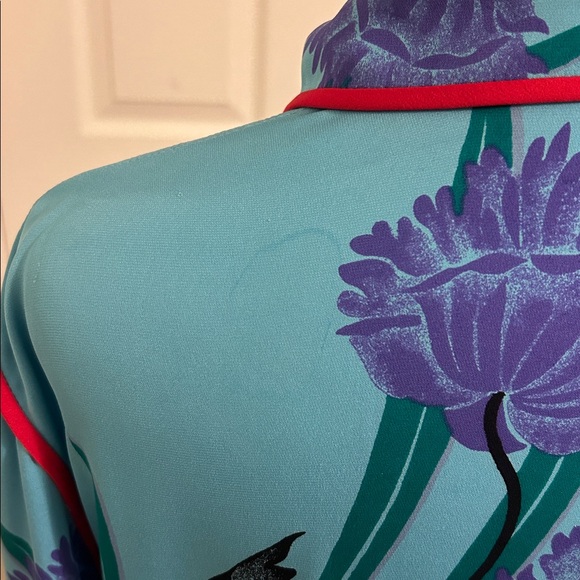 Diane Von Furstenberg Contrasting Piping Floral Silk Shirt Farren Marine Size 8 - Picture 11 of 14